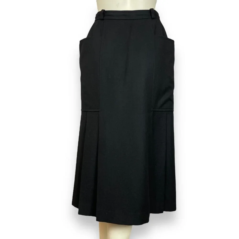 Vintage Henri Luc‎ Chapuis H-L Wool Skirt Pleated Black Lined Wide Pockets Snaps